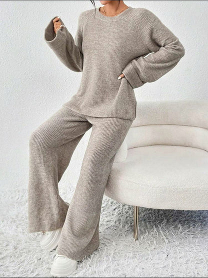 🔥6-pack only $23.99 Women's Comfortable Round Collar Split Sweater and Elastic Waist Pants Set