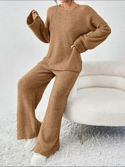 🔥6-pack only $23.99 Women's Comfortable Round Collar Split Sweater and Elastic Waist Pants Set