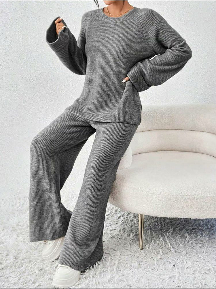 🔥6-pack only $23.99 Women's Comfortable Round Collar Split Sweater and Elastic Waist Pants Set