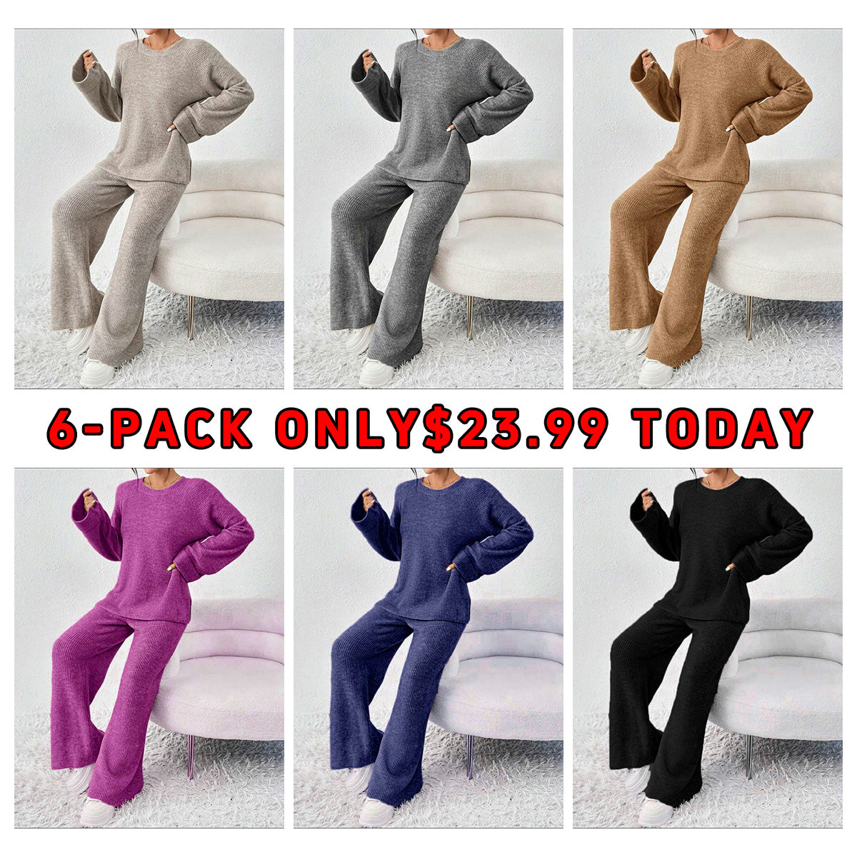 🔥6-pack only $23.99 Women's Comfortable Round Collar Split Sweater and Elastic Waist Pants Set