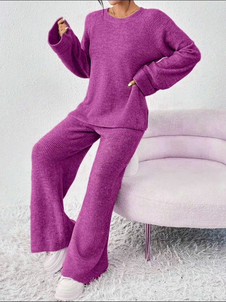 🔥6-pack only $23.99 Women's Comfortable Round Collar Split Sweater and Elastic Waist Pants Set