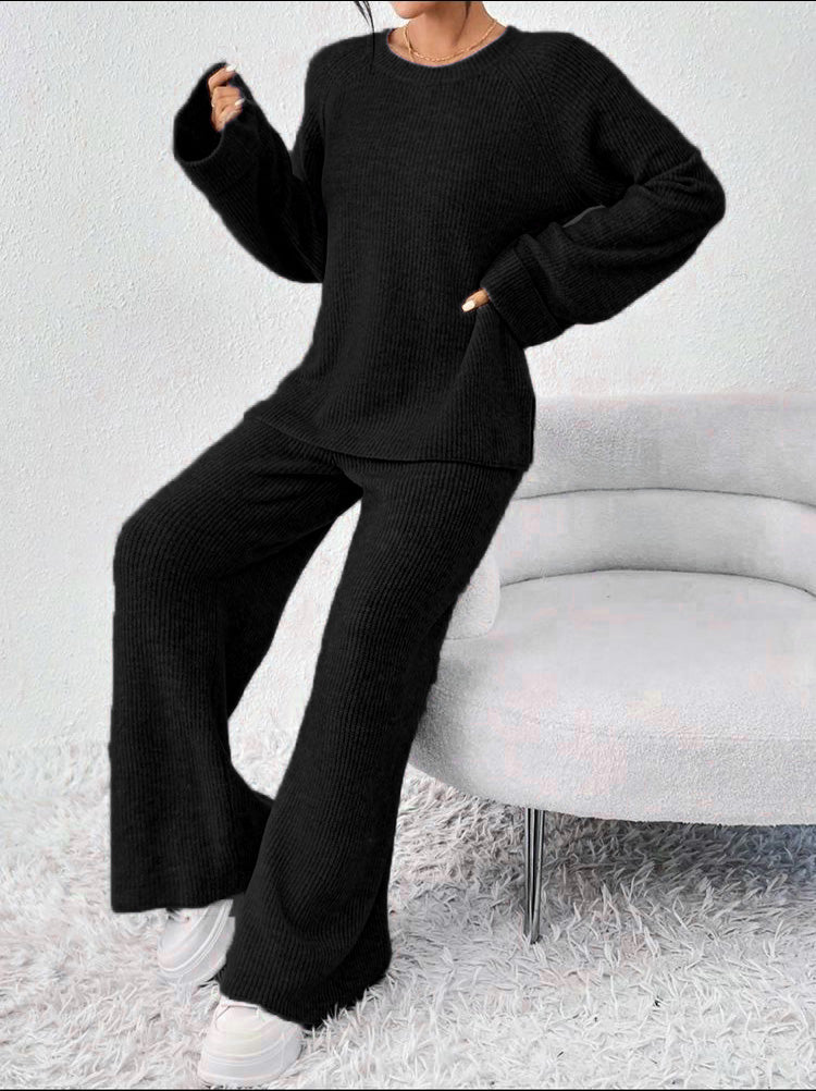 🔥6-pack only $23.99 Women's Comfortable Round Collar Split Sweater and Elastic Waist Pants Set